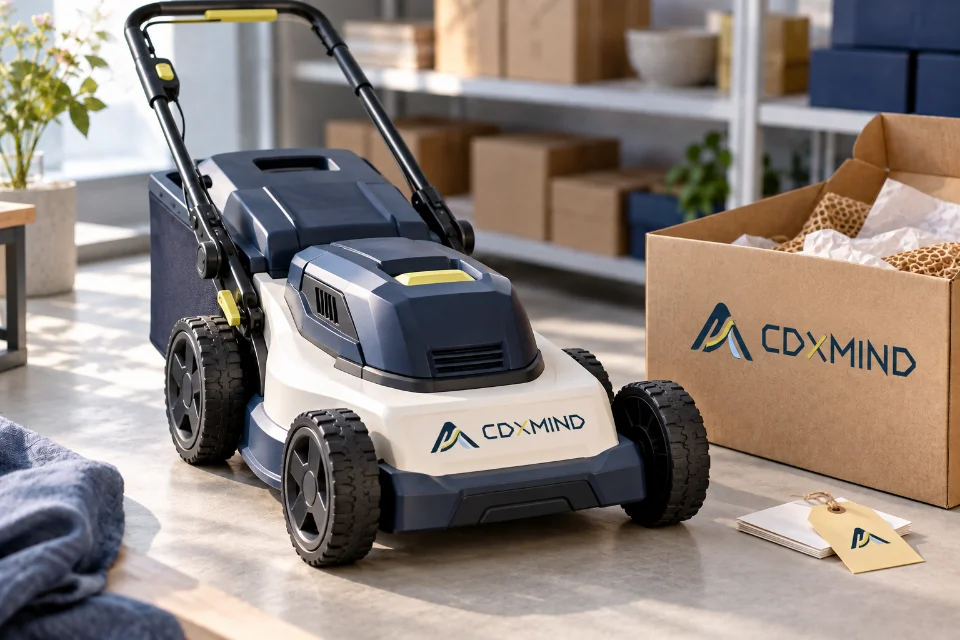产品出海情境示意:带 CDXMIND 标志的割草机与出口包装。