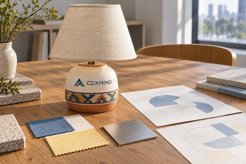 产品与工业设计情境示意:带 CDXMIND 标志的南美风格台灯、材质样本与设计稿。